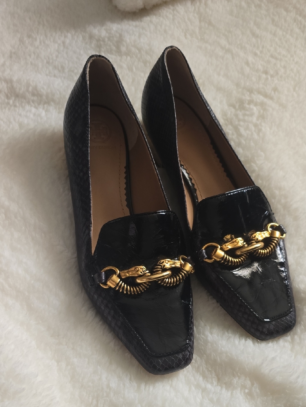 Tory Burch Black Patent Loafers with Gold Chain Hardware
